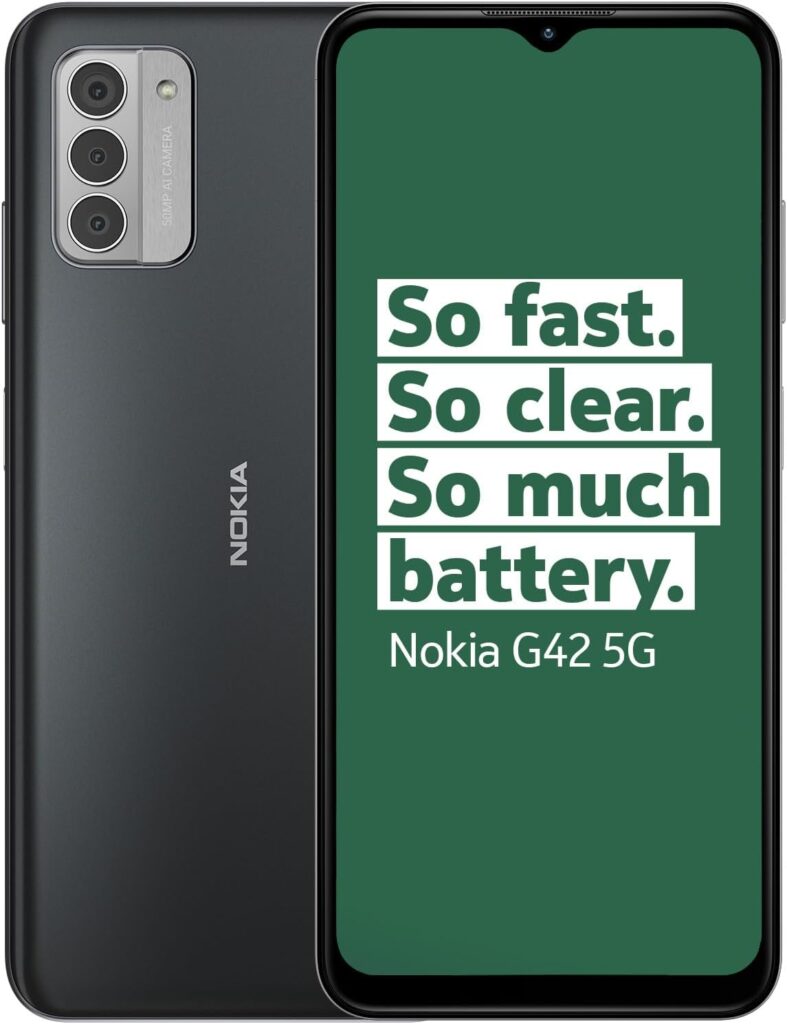 Nokia G42 5G 6.56” HD+ Smartphone Featuring Triple rear 50MP AI camera, 6GB/128GB Storage, 3-day battery life, Android 13, OZO 3D audio capture, QuickFix repairability and Dual SIM - Grey