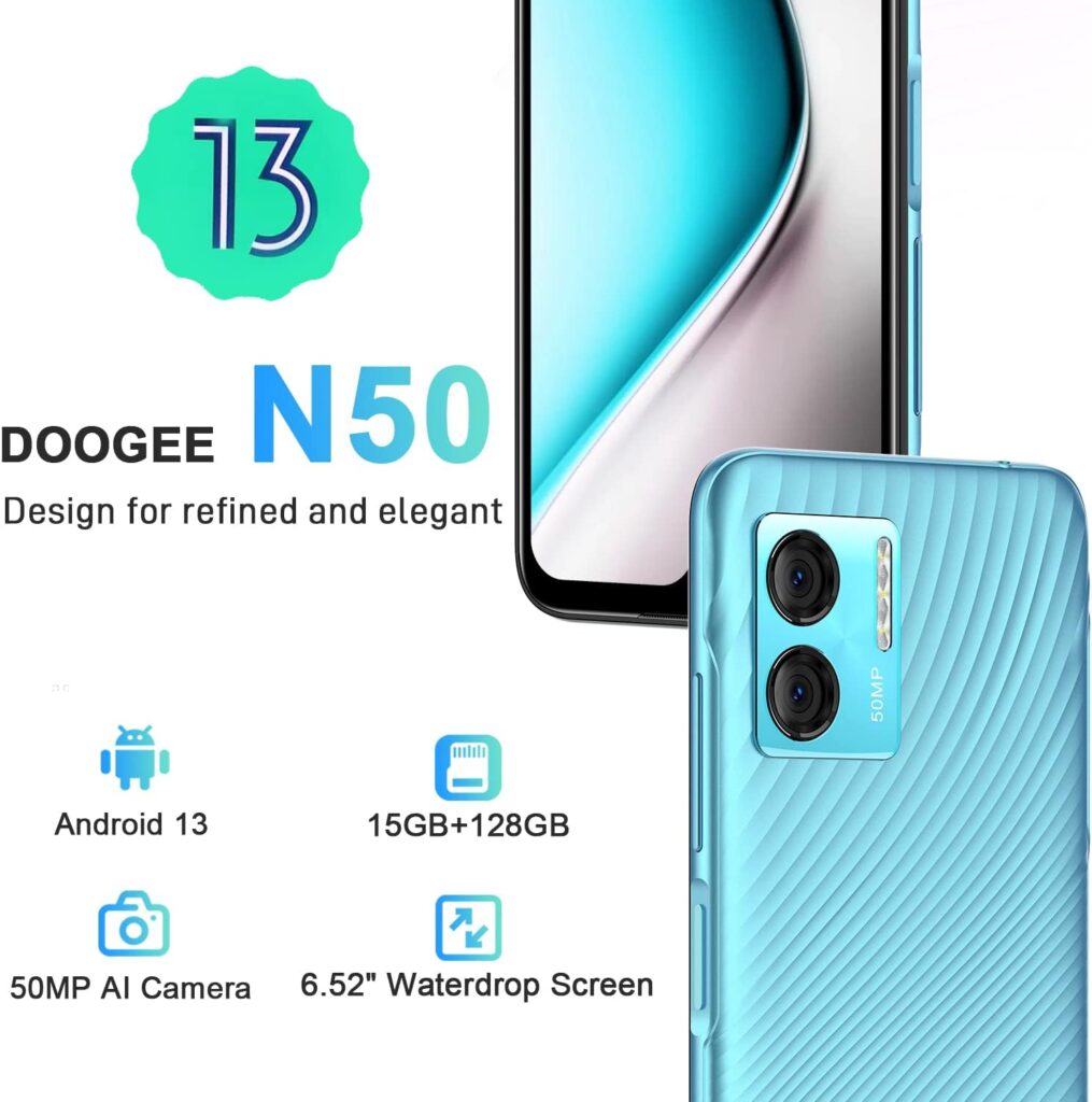 DOOGEE N50 Mobile Phones SIM Free Unlocked, Android 13 Phone, 15GB+128GB/1TB Extension, Octa-Core, 50MP+8MP Camera, 6.52 HD+ Screen, 4200mAh, 4G Dual SIM Phones, Fingerprint/Face ID, UK Version-Blue