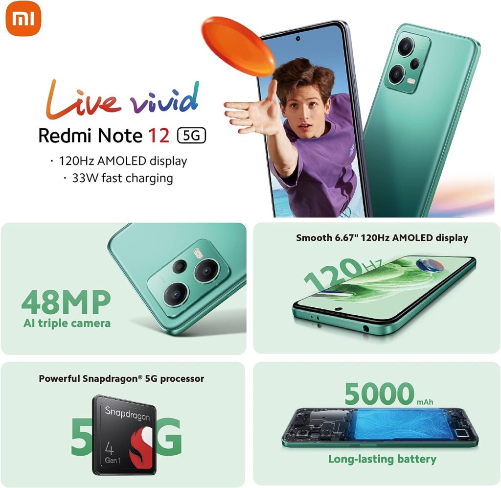 Xiaomi Redmi Note 12 5G, 120Hz AMOLED display, Snapdragon 5G processor, 33W 5000mAh, Onyx Gray 4GB RAM 128GB ROM (UK Version 2 Year Warranty)