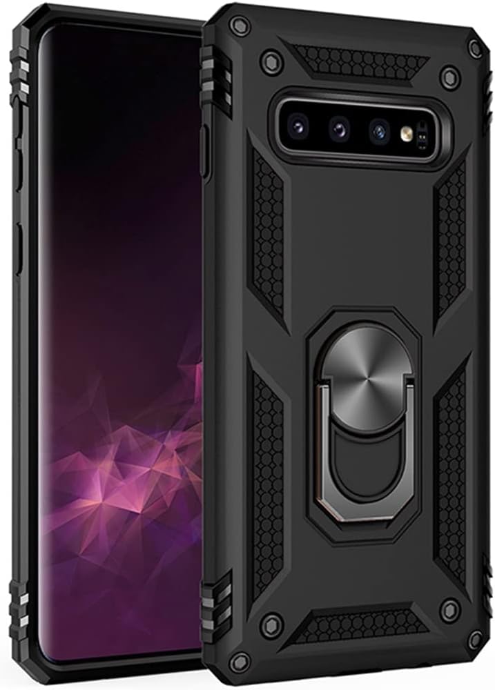 Military Grade Drop Impact for Samsung Galaxy S10 Plus Case 360 Metal Rotating Ring Kickstand Holder Built-in Magnetic Car Mount Armor Shockproof Cover for Samsung Galaxy S10+ Protection Case (Black)