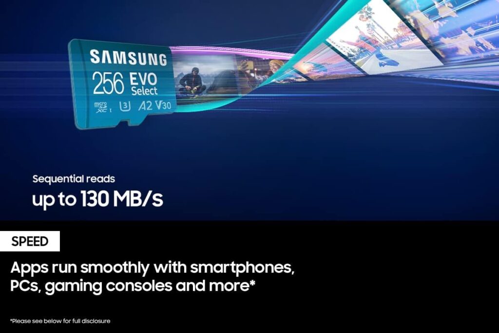 SAMSUNG EVO Select Micro SD-Memory-Card + Adapter, 256GB microSDXC 130MB/s Full HD  4K UHD, UHS-I, U3, A2, V30, Expanded Storage for Android Smartphones, Tablets, Nintendo-Switch (MB-ME256KA/AM)