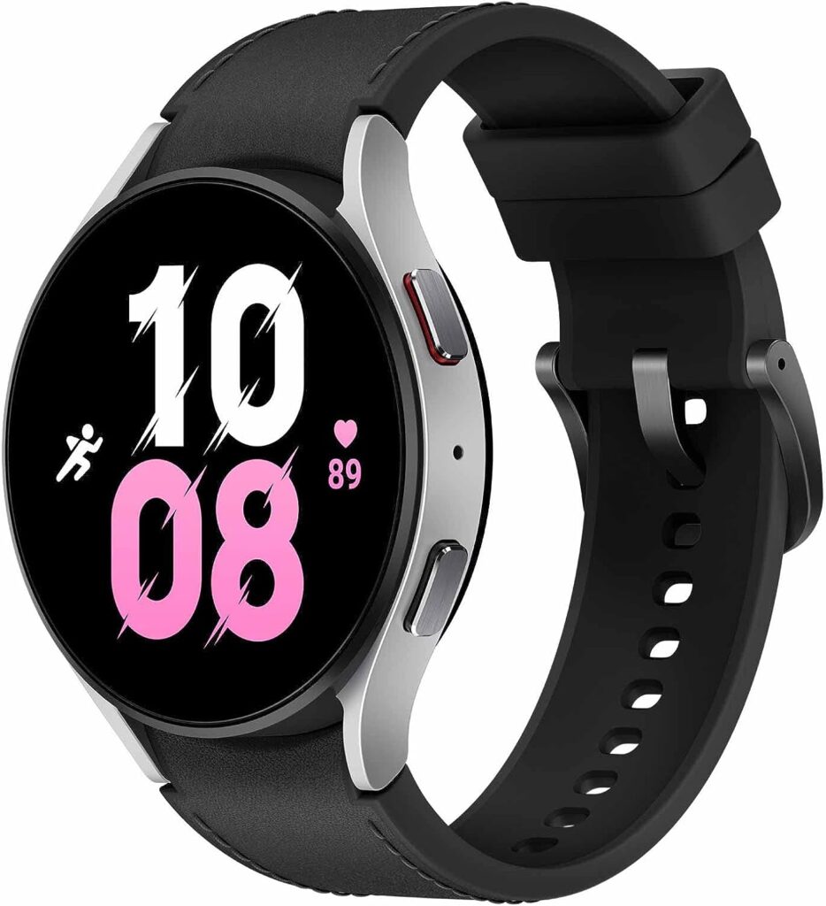 SAMSUNG Galaxy Watch5 Bespoke Edition 44mm Bluetooth Smartwatch, Body, Health, Fitness, Sleep Tracker, Improved Battery, Sapphire Crystal Glass, US Version, Silver Hybrid Leather Band, Black