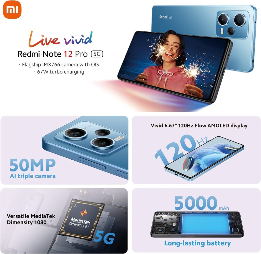 Xiaomi Redmi Note 12 Pro 5G Smartphone, 6+128GB, 6.67 Inch FHD+ Flow AMOLED DotDisplay, 5,000 mAh, 50MP Camera, 67W Turbo Charging, Dual SIM, Sky Blue (UK Version 2 Year Warranty)